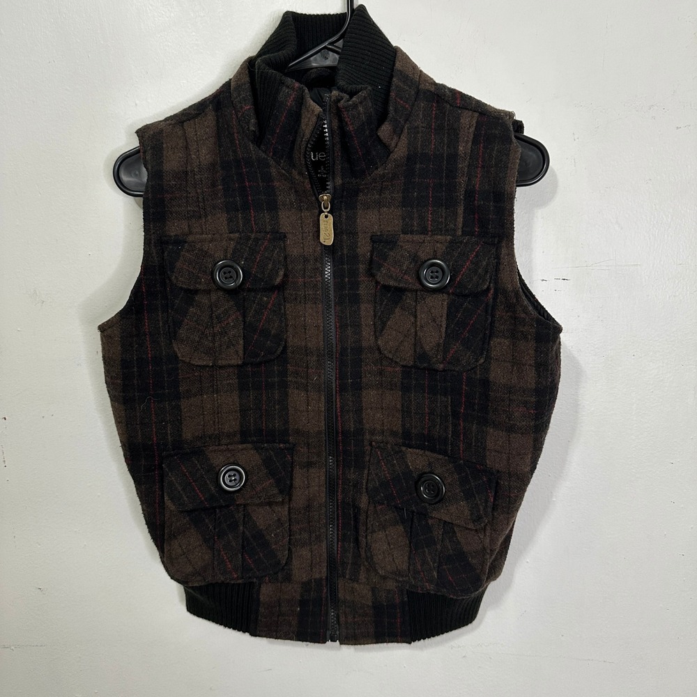 Womens Brown Plaid Wool Blend Puffer Vest Full Zip Ribbed Trim Small